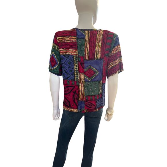 Vintage 90s Jessica Stevens Purple Fuchsia Graphic Geometric 80s Top, M - Picture 4 of 5